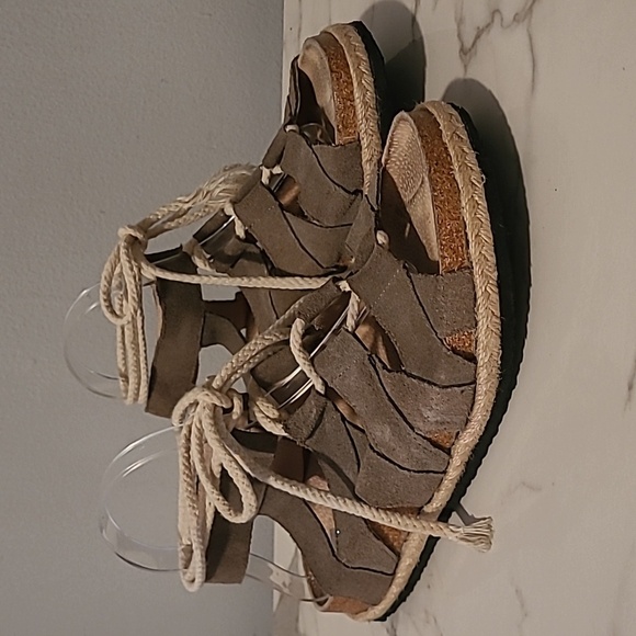 Free People Taupe Suede Gladiator Rope Lace-up Jute Sandals EU 40 US 10 Boho - Picture 2 of 11